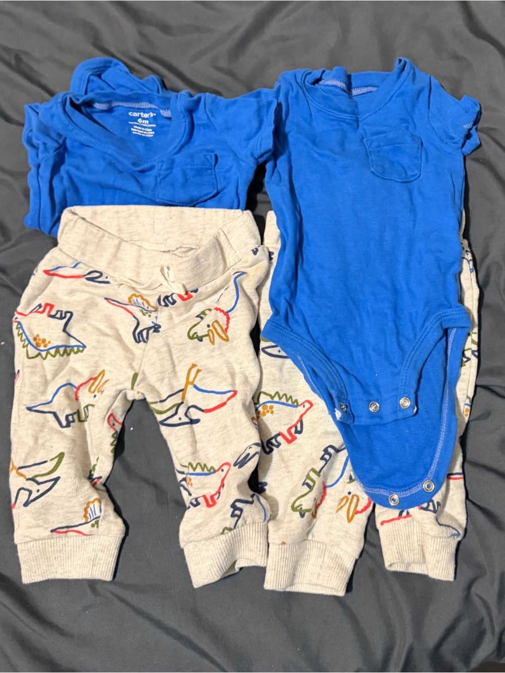 2 Carter's Royal Blue Bodysuits with Dino-Print Pants Set